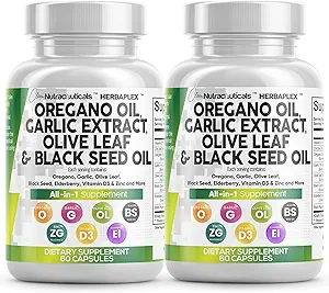 Nutracéuticos limpios Oregano Aceite de ajo Extracto Aceite de aceite de oliva - Soporte inmunitario &amp; Suplemento de salud digestiva para mujeres y hombres con vitamina D3 &amp; Zinc - 2Pack