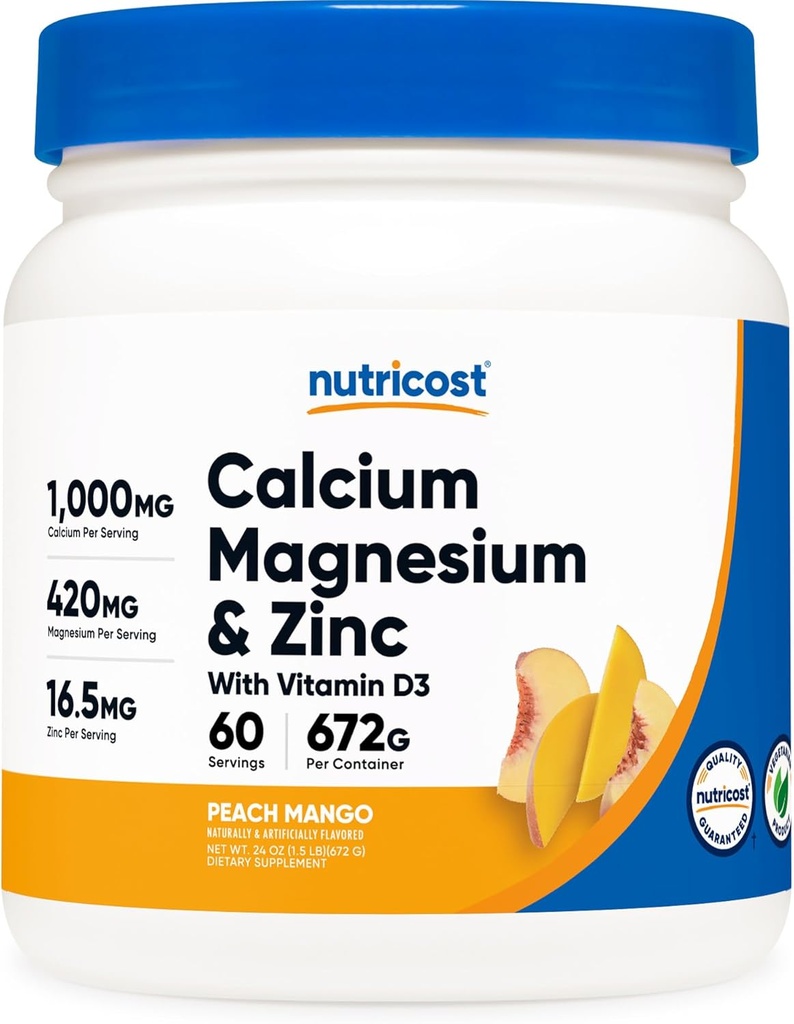 Nutricost Calcium Magnesium Zinc with Vitamin D3 Powder, 60 Servings (Peach Mango) - Calcium (1000 MG) Magnesium (420 MG) Zinc (16.5 MG) Vitamin D3 (30 MCG) - Gluten Free, Non-GMO