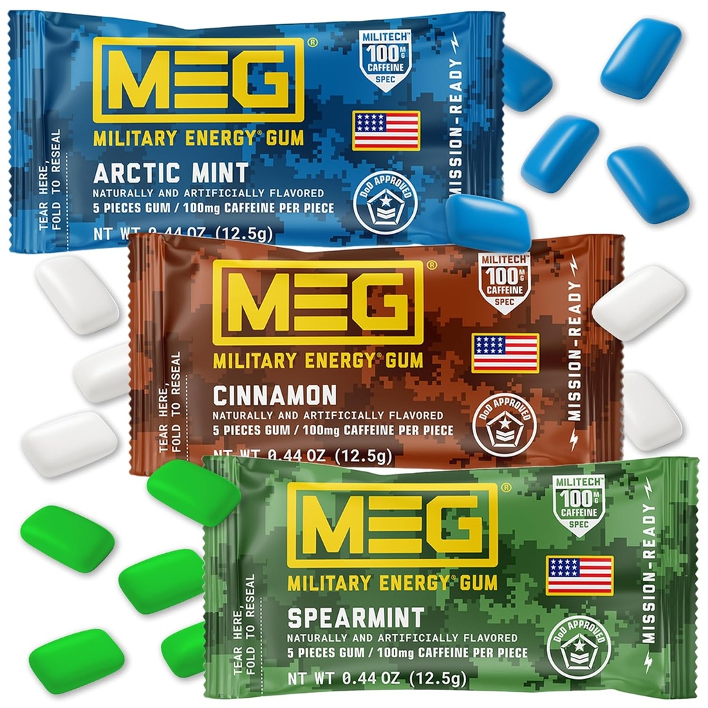 MEG Gum - Military Energy Gum tención 100mg de Caffeine Por Piece - 15 piezas Sample Pack - Energía y Focus to Boost Performace