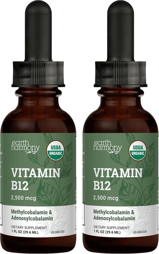 USDA Vitamina Orgánica B12 2000mcg Sublingual Liquid Supplement (2-Pack) - Vegan Methylcobalamin Drops for Natural Energy, Maintain Metabolism, and Immune System Support - 1 Fl Oz