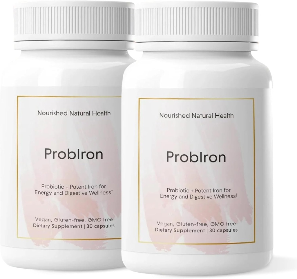 ProbIron de Salud Natural Nutrida - Probiótico de Mujeres + Suplemento de Hierro Boostado con Vitamina C y Cobre - Fórmula Vegana de Energía y Bienestar Digestivo - 60 cápsulas
