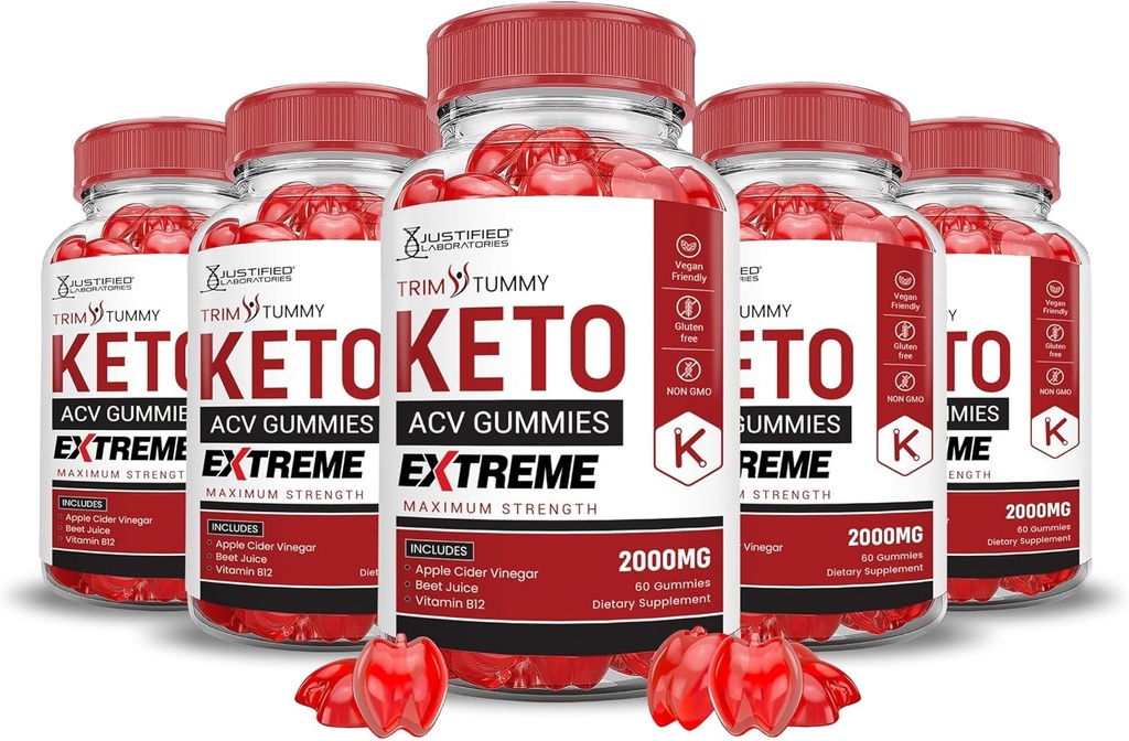 Laboratorios Justificados (5 Pack Trim Tummy Keto ACV Gummies Extreme 2000MG Trim Tummy Keto Gummies Apple Sider Vinegar Formulado con Powder Pomegranate Beet Juice B12 Vegan No GMO 300 Gummys