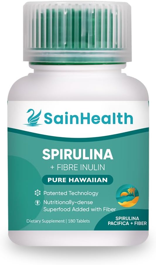 Spirulina + Fibre Inulina - Suplemento Herbal, Spirulina Añadido Fiber Vegan Tablets for Digestive Health, 600mg Spirulina, Vegan &amp; GMO Gratis (180 Tablets)