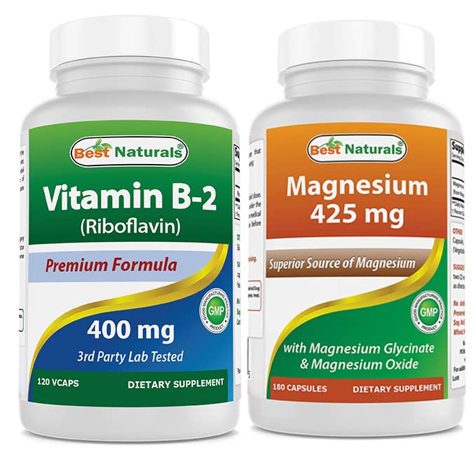 Mejores Naturales Vitamina B2 (Riboflavin) 400 mg &amp; Magnesio Glycinate 425 mg