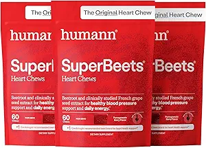 HumanN SuperBeets Heart Chews, Nitric Oxide and Blood Pressure Support, Grape Seed Extract " Non-GMO Beet Root Powder Energy, Pomegranate Berry Flavor, 180 Count