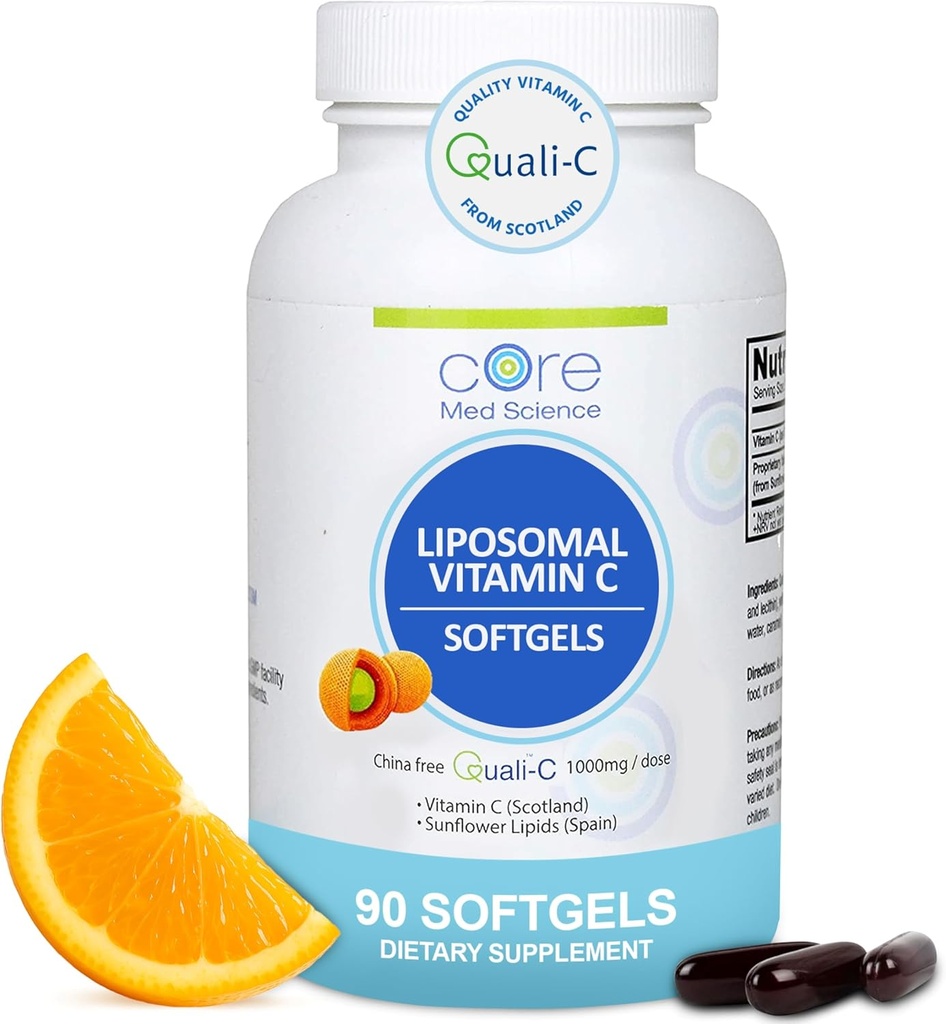Vitamina Liposómica C 1000mg por Core Med Science, 90 Softgels - Suplemento Liposómico Natural no GMO que promueve la piel sana - Booster de sistema inmunitario para adultos, apoya la formación del colágeno