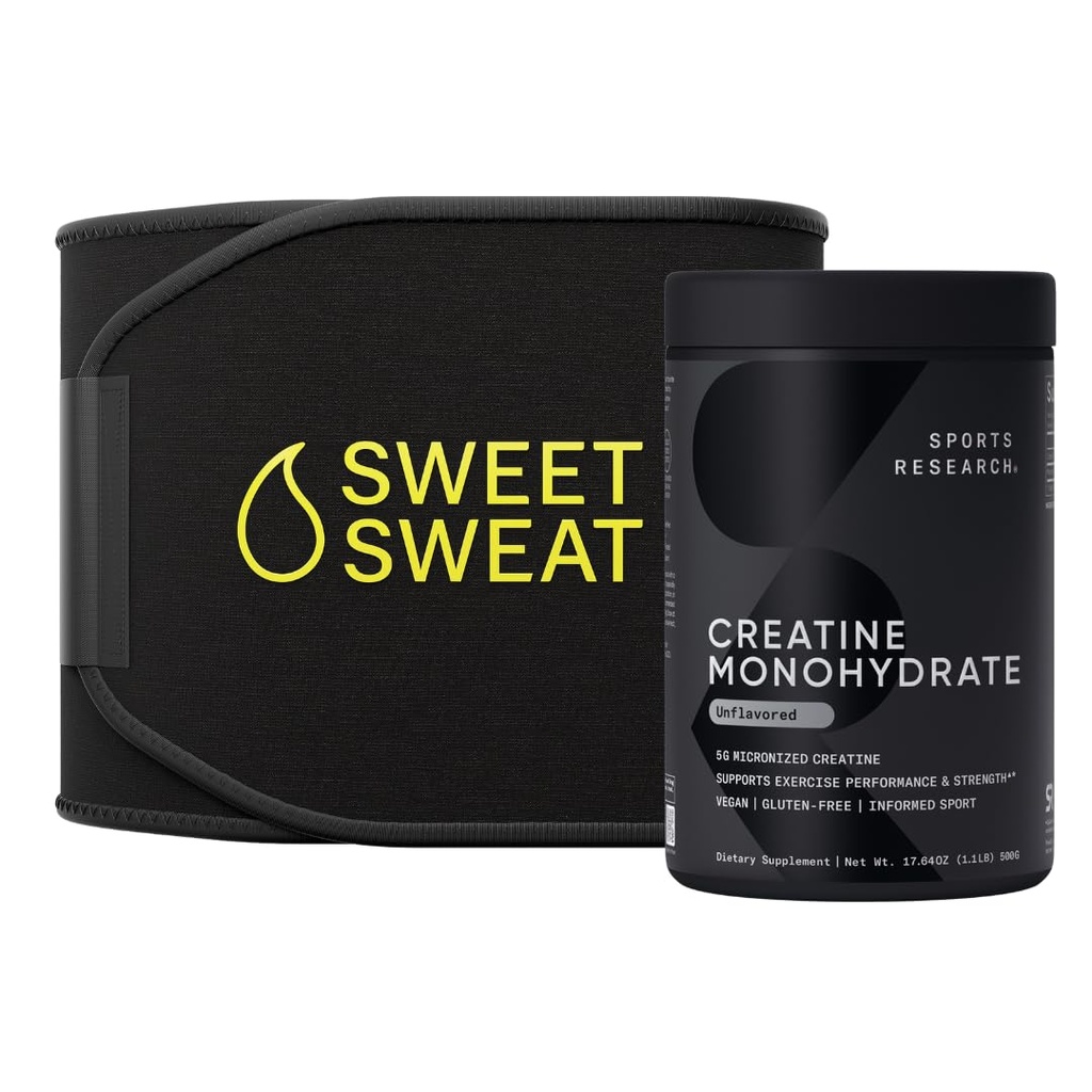 Sports Research Training Performance Pack - Creatine Monohydrate and Sweet Sweat Waist Trimmer (Black/Yellow, Small)