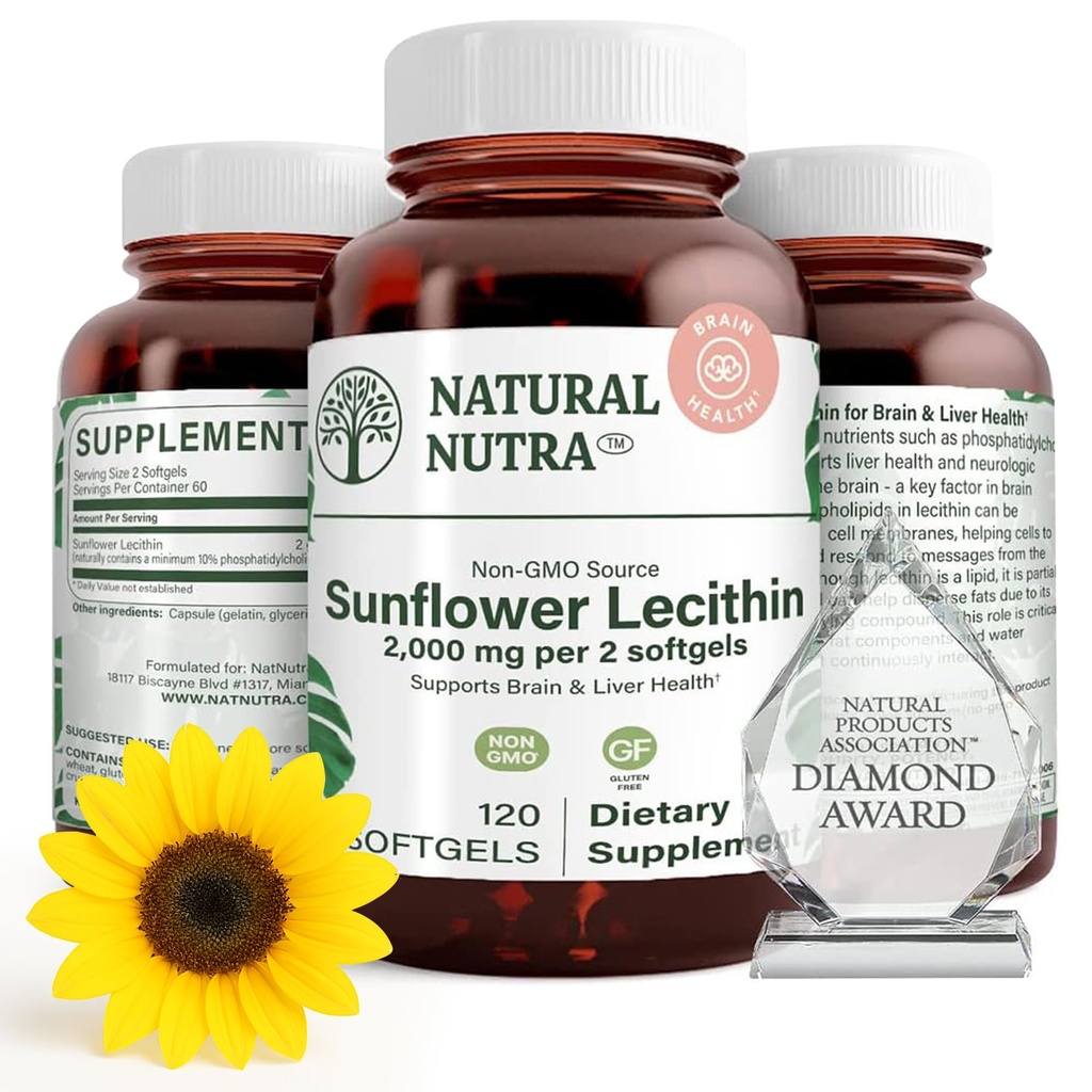 Natural Nutra Sunflower Lecithin 2000 mg Suplemento, Soporta a las madres de lactancia materna con Alivio de leche enchufada, Hierve &amp; Brain Health Booster, Soy Gratis, No GMO, Libre de gluten, 120 Softge