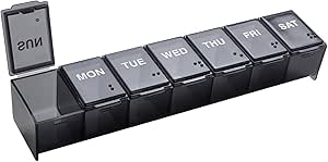 EZY DOSE semanal (7 días) Caja de píldoras diarias, Planificador de medicina, organizador de vitaminas, contenedor de suplementos, conveniente y fácil de usar, grandes compartimentos, viaje amigable, negro, hecho en los EE.UU., libre BPA