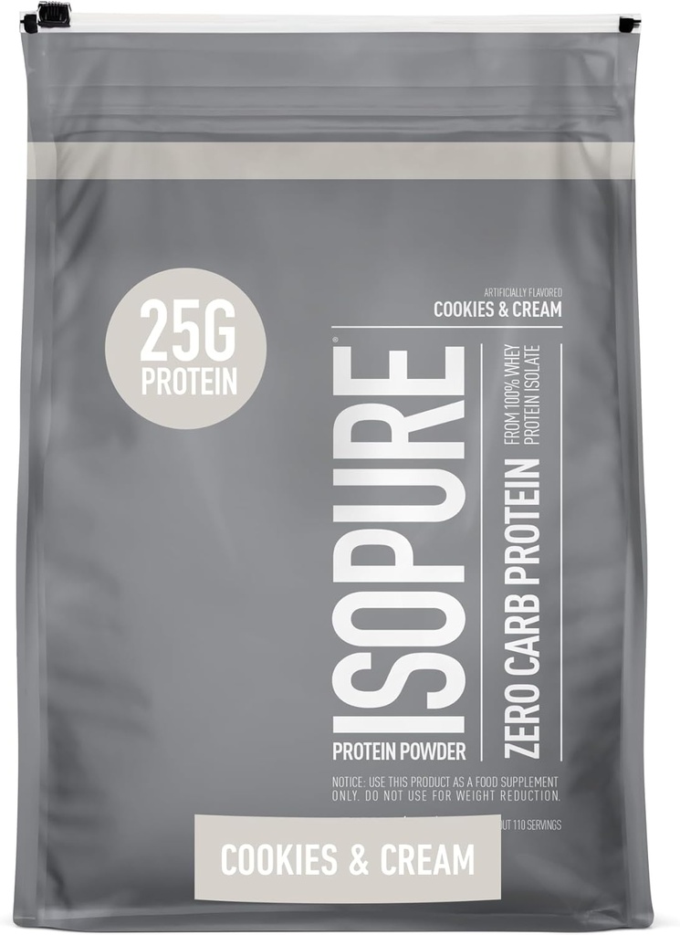 Isopure Zero Carb 100% Pure Whey Isolate Protein Powder, Lactose Free, Gluten Free, with Vitamins, Cookies & Cream, 25g Protein Per Serving, 7.5 Lbs, 110 Servings (Packaging May Vary)