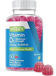 Viteey Vitamina D3 Gummies para adultos &amp; adolescentes - 10,000 UI, 250mcg, máxima fuerza - Conjunto &amp; Muscle Health, Immune Boost - Chewable Vitamin D Gummies - Vegetarian, Gelatin Gratis - Tasty Berry Flavored