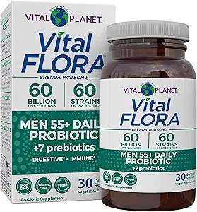Planeta Vital - Vital Flora Hombres 55+ Probiótico diario, 60 Billones CFU, 60 Strains Diversos, 7 Prebióticos Orgánicos, Apoyo Inmunitario, Alivio de Gas, Colon y Probióticos de Salud Digestivo para Hombres 30 cápsulas