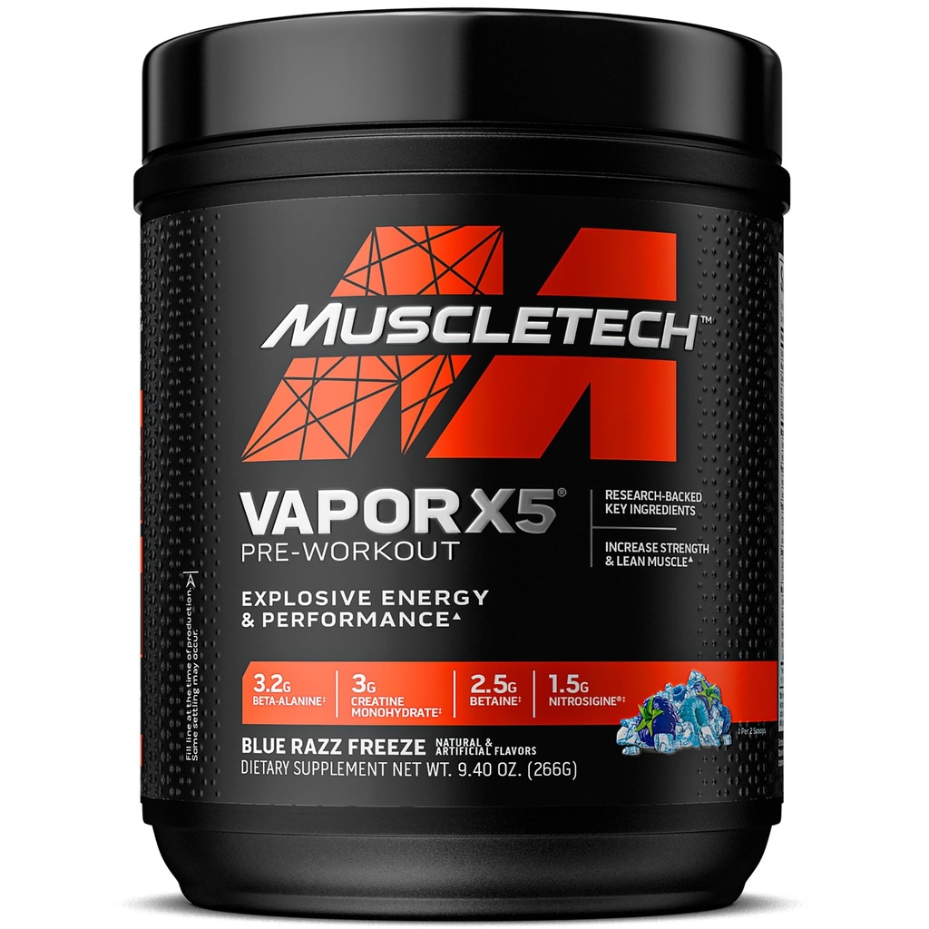 MuscleTech Pre-Workout Powder, Vapor X5 - Sports Nutrition Muscle Building Supplements for Women &amp; Men - Intense Muscle Pump Energy Powder Drink Mix - Blue Razz Freeze, 266g (30 Servings)