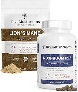 Setas Reales Vitamina D2, Zinc Chelated, Chaga, Reishi (120ct) y Mane Powder de León Orgánico (60 Servings) Bundle - Immunity and Cognitive Support, Ausorción Mejorada - Vegan, Gluten Gratis, No GMO