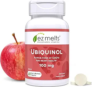 EZ Melts Dissolvable Ubiquinol 100mg, Forma activa de CoQ10, Suplementos de salud cardíaca para hombres y mujeres, sin azúcar, fuente de 2 meses - 1 paquete