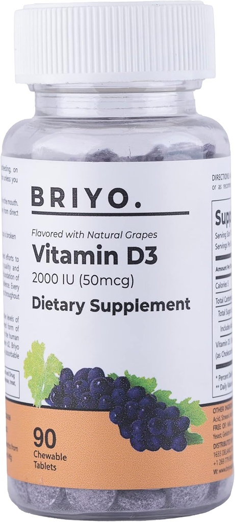 Briyo Vitamin d3 chewable Tablet - 2000 UI (50 mcg Por Serving) - Delicious Natural Grape Flavor, 90 Conde