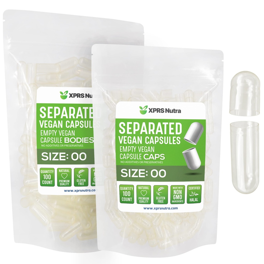 XPRS Nutra Vegan Size 00 Separated Capsules - 100 Count Clear Premium Empty Capsules Separated in Bags - 00 Pills Empty for DIY Supplement Filling