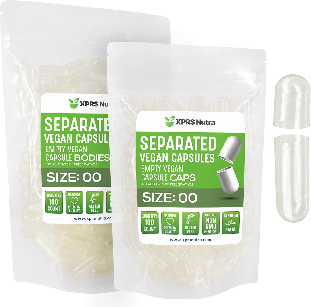 XPRS Nutra Vegan Talla 00 cápsulas separadas - 100 conde transparentes cápsulas de vacío Premium Separados en bolsas - 00 pastillas vacío para relleno de suplementos de bricolaje