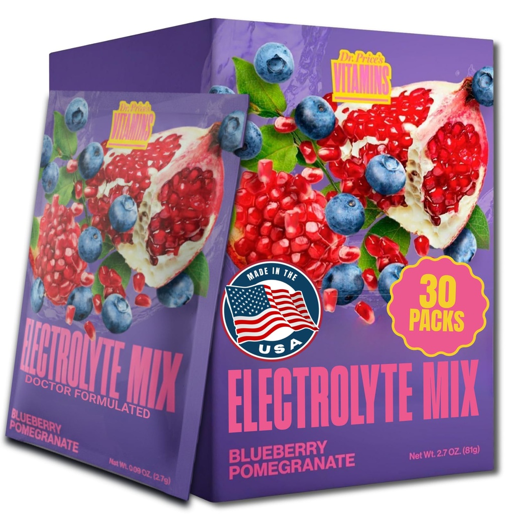 Dr. Price's Vitamins Electrolyte Mix Supplement Powder, 72 Trace Minerals, Potassium, Sodium, Electrolyte Replacement Keto Drink ¦ Blueberry-Pomegranate 30 Packets latitud No Sugar, Keto, Vegan, Non-GMO