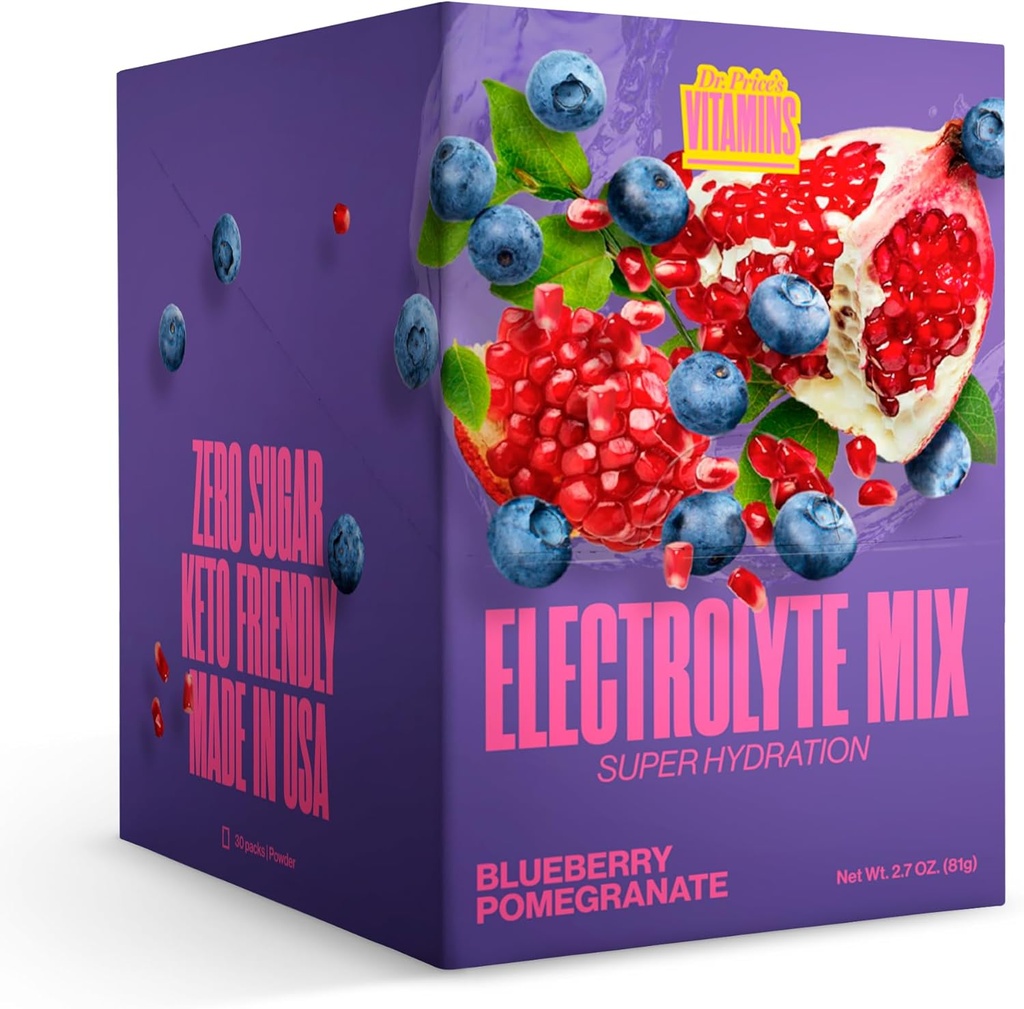 Dr. Price's Vitamins Electrolyte Mix Supplement Powder, 72 Trace Minerals, Potassium, Sodium, Electrolyte Replacement Keto Drink ¦ Blueberry-Pomegranate 30 Packets latitud No Sugar, Keto, Vegan, Non-GMO