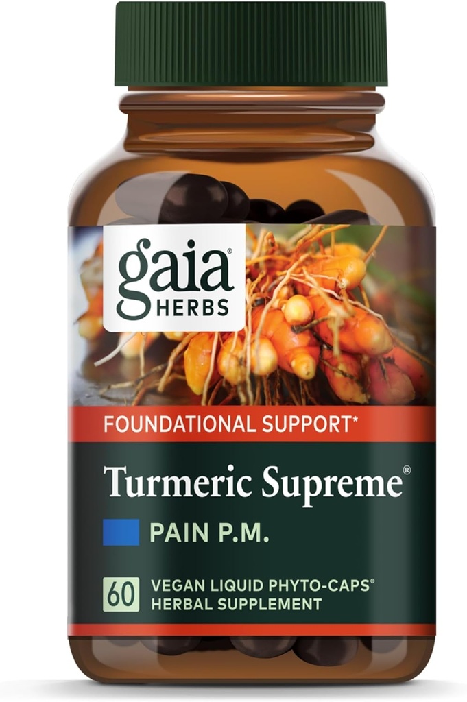 Gaia Herbs Turmeric Supreme Discomfort P.M. - Ayuda a proporcionar el confort de la noche para apoyar más sueño resentido - con la Curcumina tomérica, Kava, Valerian, Feverfew - 60 líquido Phyto-Capsules(30-Day Supply)