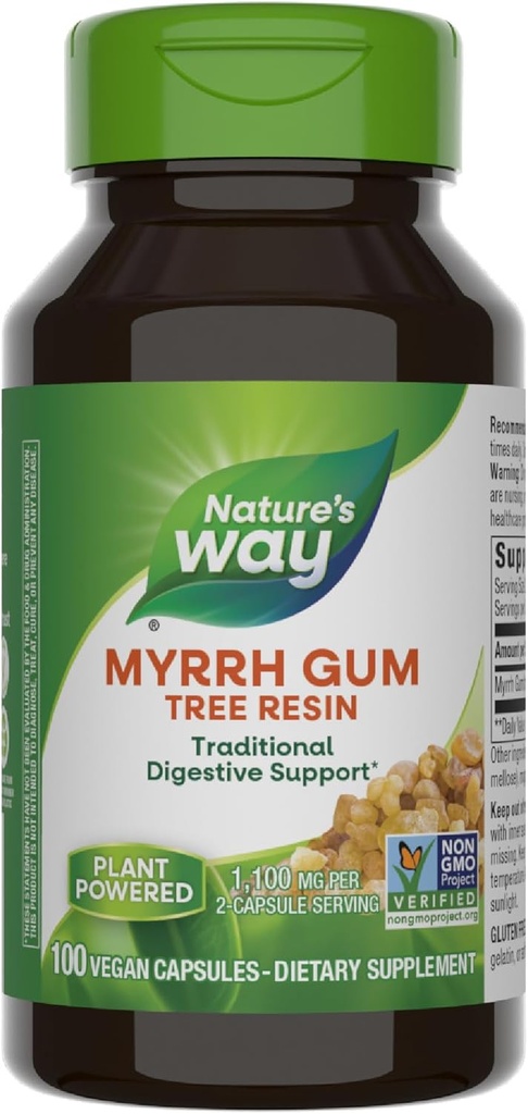Manera Myrrh Gum Tree Resin, Apoyo Digestivo Tradicional*, 1.100mg Por Serving, 100 cápsulas (Paquete Mayo Vary)