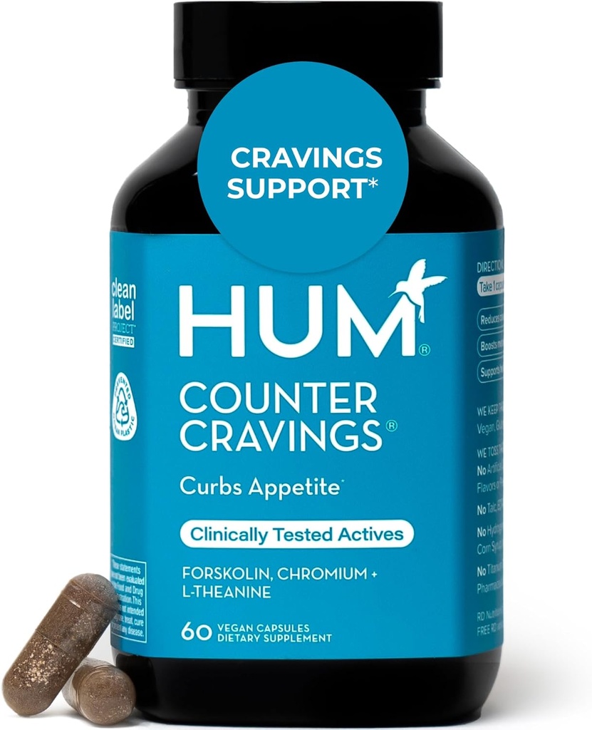 HUM Counter Cravings Chromium Supplements with L Theanine, Seaweed Extract " Forskolin to Help Support Appetite, Cravings, and Routines, Gluten Free, Caffeine Free Formula, 60 Vegan Capsules