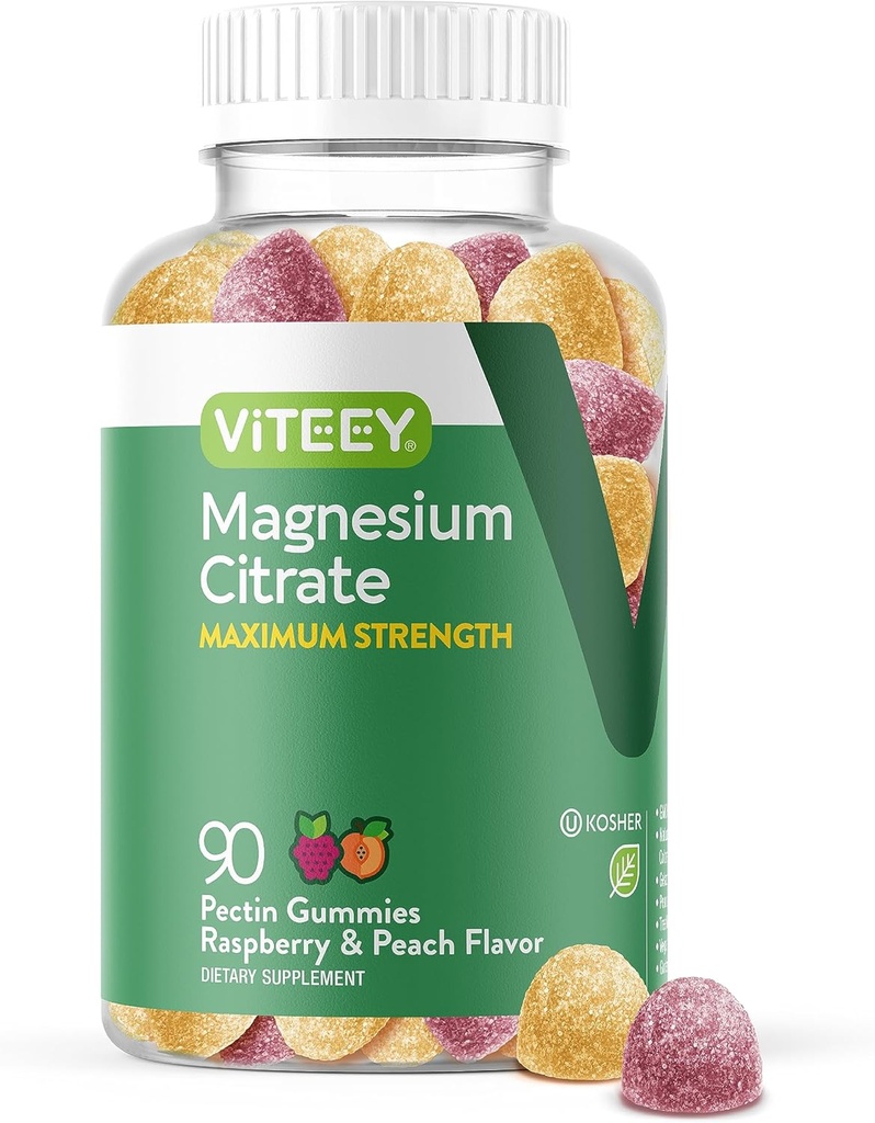 VITEEY Magnesium Gummies for Adults - 255 mg de Magnesium Citrate Gummy for Calm, Sleep, Nerve & Muscle Function Support - Vegan, Gluten Gratis - 90 Condes