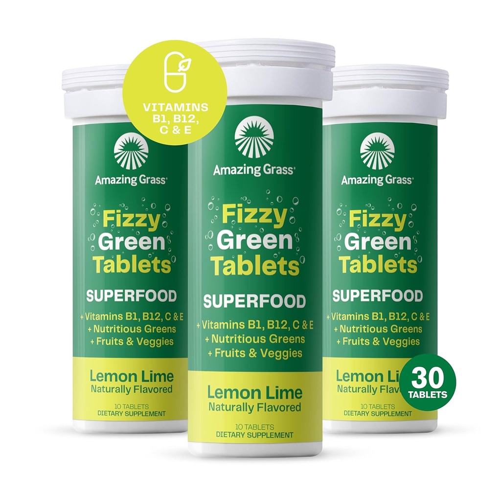 Increíble Grass Fizzy Green Tablets Superfood: Green Superfood Water Flavoring Tablet with Antioxidants & Alkalizing Greens, Lemon Lime, 10 Count (Pack of 3)