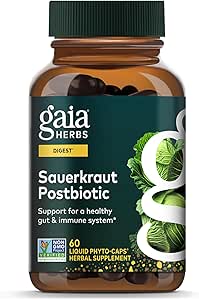 Gaia Herbs Sauerkraut Postbiótico - Natural Gut Health & Immune Support Supplement - Made with Fermented Sauerkraut - Gratis de Dairy, Soy & Gluten - 60 Vegan Capsules (30 Servings)