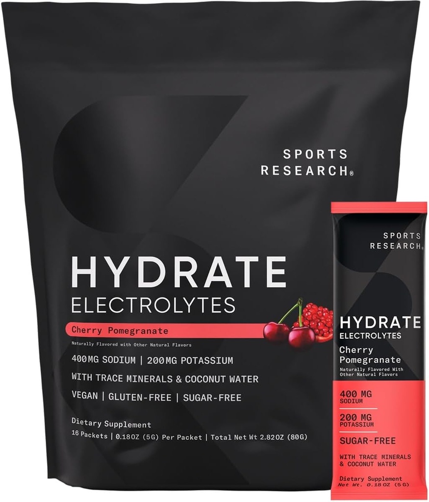 Estudios Deportivos Hydrate Electrolytes Powder Packets - Sin azúcar &amp; naturalmente saboreado con vitaminas, minerales y agua de coco - soporta hidratación - 16 Packets - Cereza Pomegranada