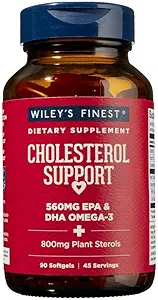 Wiley's Finest Wild Alaskan Fish Oil Cholesterol Support - Heart Health Supplement for Men and Women - 560mg Omega-3s - 90 Softgels (45 Servings)