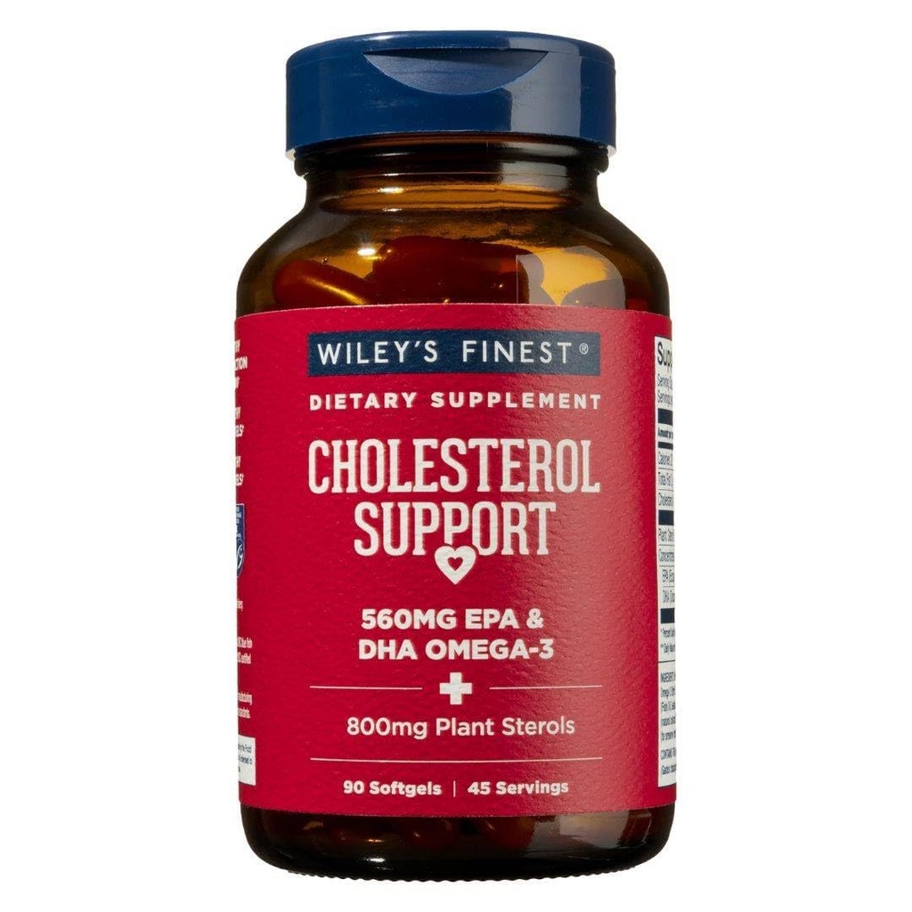 Wiley's Finest Wild Alaskan Fish Oil Cholesterol Support - Heart Health Supplement for Men and Women - 560mg Omega-3s - 90 Softgels (45 Servings)