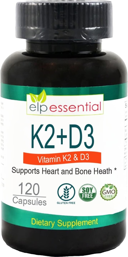 ELP ESSENTIAL Vitamina K2 con D3 Suplemento de Bonificación y Sanidad cardíaca,Capsules K2+D3 Vitaminas 120 cápsulas
