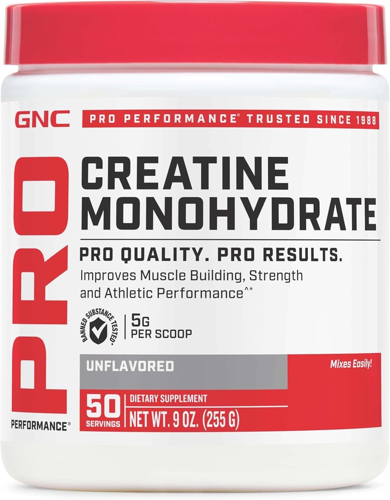 GNC Pro Performance Creatine Monohydrate Powder for Women &amp; Men, 5g Creatine Por Serving, Muscle Building, Energy Production, Endurance, Performance, 50 Servings