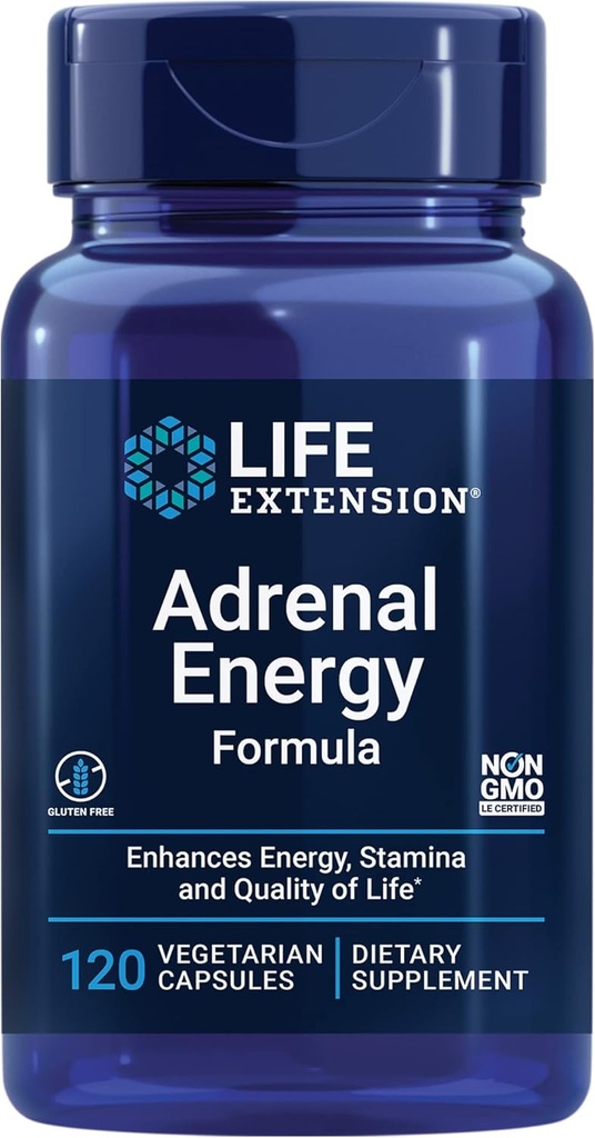 Extensión de la vida Fórmula de Energía Adrenal, Ayuda a inhibir los efectos de la tensión, Basil santo, cordones, bacopa y ashwagandha, Gluten Free, Non-GMO, Vegetarian, 120 cápsulas