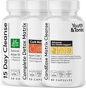 Jóvenes &amp; Tonic CandEase Matrix y Detox Matrix completa y 15 días Colon Cleanse Bundle 3 Pack