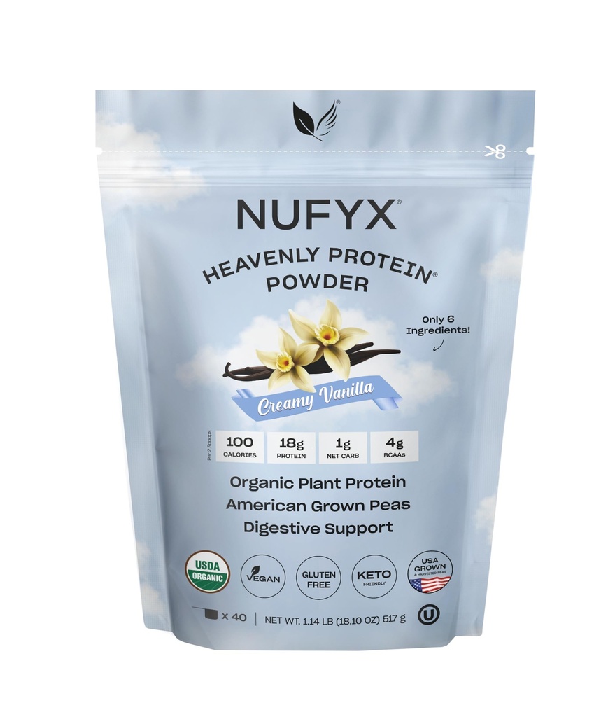 NUFYX® Family Owned Protein Powder, Organic Plant-Based, Made with 100% USA Grown Peas, 18g Protein for 100 Calories, Only 6 Ingredients, Digestive Support (Creamy Vanilla, 40 Scoops)