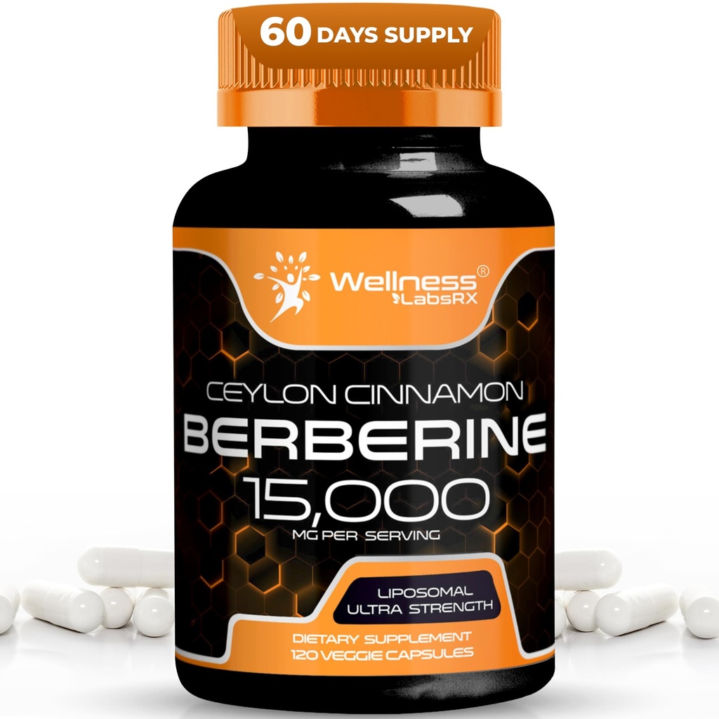 WELLNESS LABSRX Berberine Supplement 15,000mg - Berberine with Ceylon Cinnamon, General Wellness Support Capsules - 120 Capsules (Pack of 1)