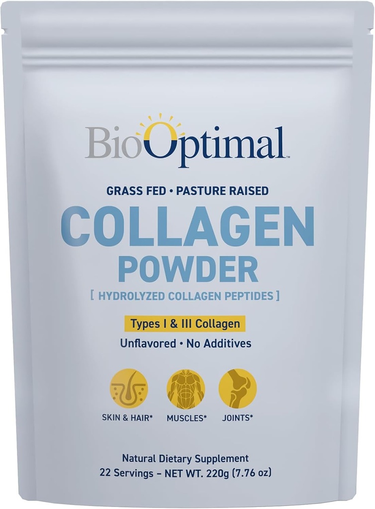 BioOptimal Collagen Peptides Powder - Grass-Fed, Pasture-Raised Hydrolyzed Protein Supplement for Skin, Hair, & Nails - Non-GMO, Zero Sugar Daily Supplement for Men &amp; Women (22 Servings)