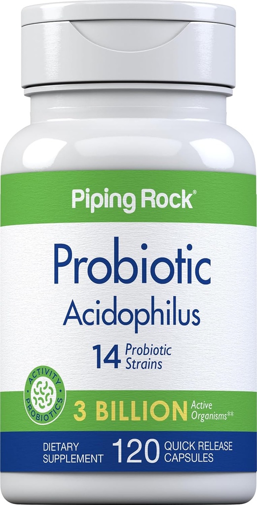 Piping Rock Probiotic Acidophilus Capsules for Women and Men TEN 3 Billion Live Cultures TEN 120 Pills TENIDO 14 Strains Supplement TEN Non-GMO, Gluten Free