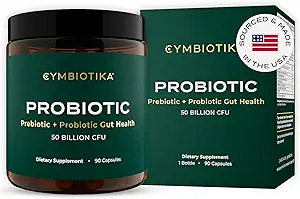 CYMBIOTIKA Probiotic + Prebiotic, 60 Billion CFU - 19 Strains, Gut Health Supplement for Women &amp; Men, Immune Support, Digestive Health, & Gut Balance, 90 Capsules, 1 Month Supply, Made in USA