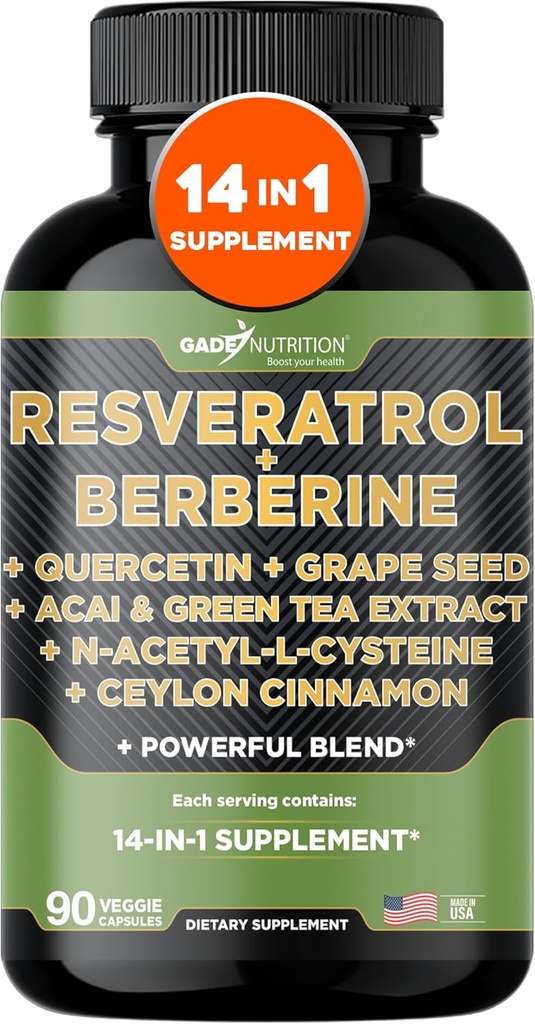 Gade Nutrition Resveratrol Berberine Quercetin Grape Seed Extract Green Tea Extract N-Acetyl Cysteine - 14 in 1 Complex Supplement for Women &amp; Men with Potent Antioxidants - Made in USA