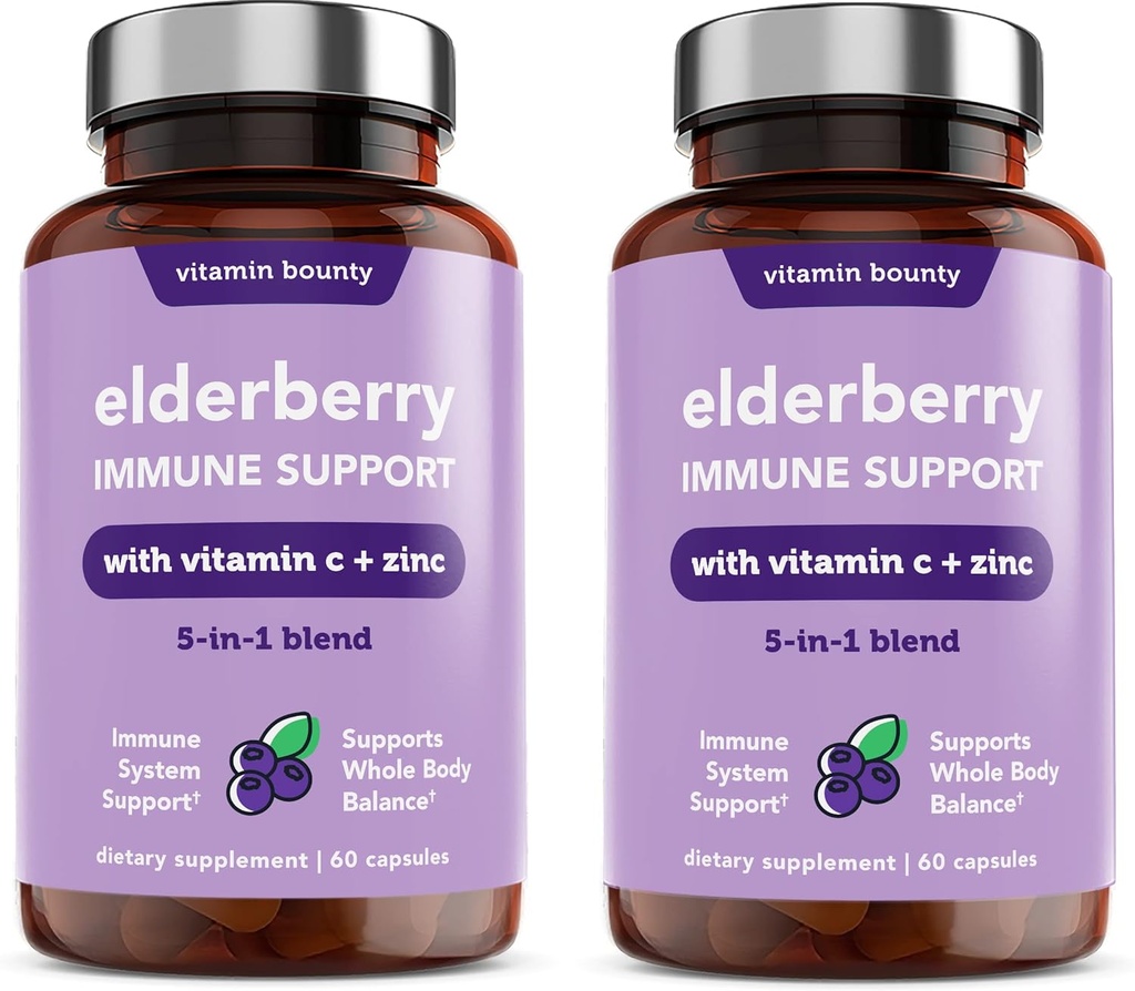 Vitamin Bounty Elderberry Immune Support - with Zinc, Vitamin C & Echinacea, Advanced 5-in-1 Blend, Powerful Antioxidant, Supports Whole Body Balance, Non-GMO - 60 Capsules, 2 Pack