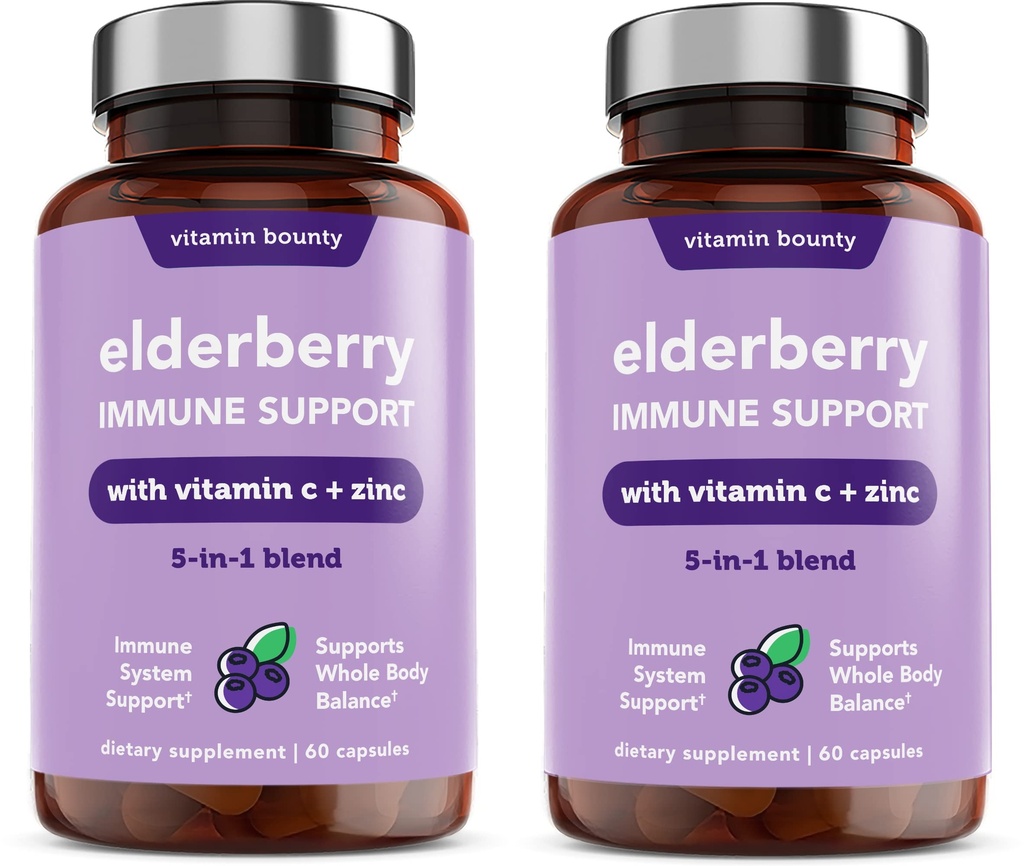 Vitamina Bounty Elderberry Immune Support - con Zinc, Vitamina C &amp; Echinacea, Advanced 5-in-1 Blend, Powerful Antioxidant, soporta el equilibrio corporal completo, non-GMO - 60 cápsulas, 2 Pack