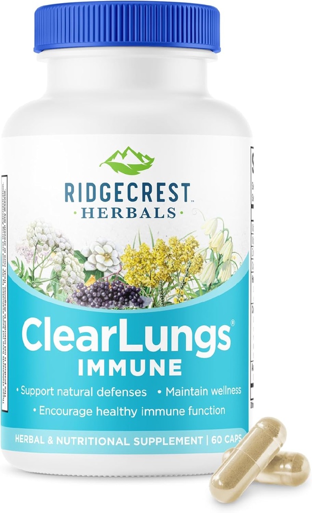 RidgeCrest Herbals ClearLungs Immune, Lung Support Supplement with Mullein, Elderberry, Zinc, Vitamina C, Vitamina A, Olive Leaf (60 Caps, 30 Serv)