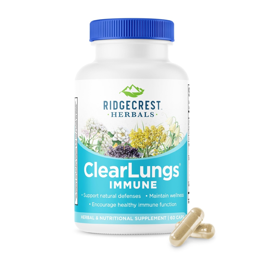 RidgeCrest Herbals ClearLungs Immune, Lung Support Supplement with Mullein, Elderberry, Zinc, Vitamina C, Vitamina A, Olive Leaf (60 Caps, 30 Serv)