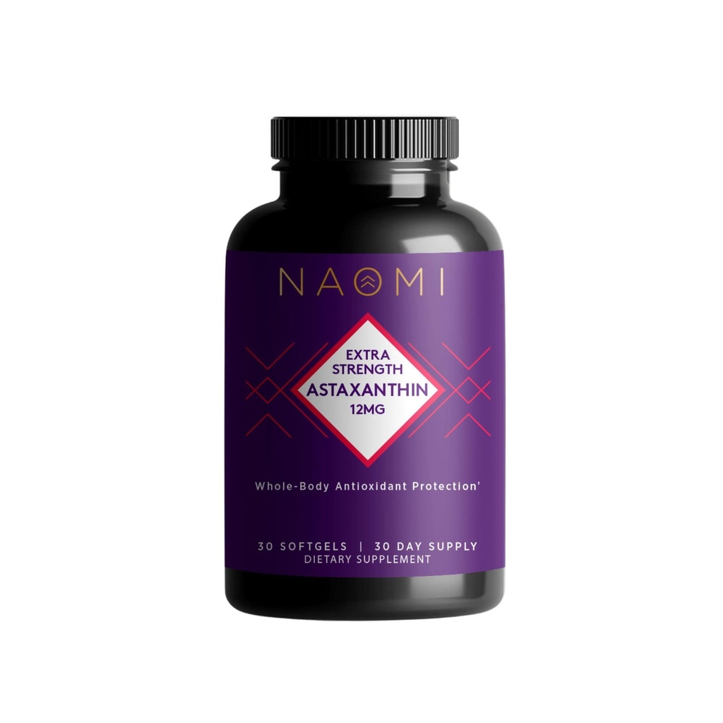 NAOMI Extra Strength Patented Astaxanthin 12mg Suplemento de Alaskan Algae - Apoyo Natural para la Salud Ocular, Apoyo Conjunto - No GMO, Gluten Gratis, 30 Softgels - 1 Mes de Suministro