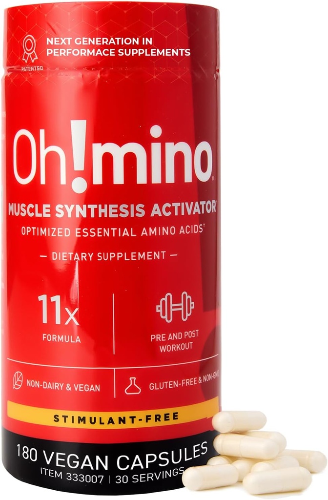 Suplemento de aminoácidos esenciales Oh!mino. Cápsulas sin estimulantes. Los 9 EAAs, BCAAs y el Amino perfecto para los entrenamientos, Amino Energy, y para construir músculo, y recuperar más rápido.