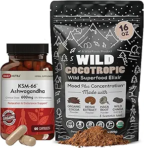 DailyNutra KSM 66 Ashwagandha (90 Capsules) y Mushroom Cacao Mix (16oz) Bundle for Relaxation and Focus
